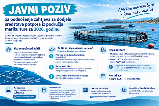 JAVNI POZIV ZA DODJELU POTPORA IZ PODRUČJA MARIKULTURE ZA 2026. GODINU